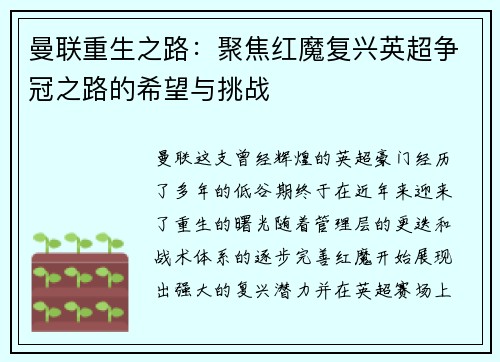 曼联重生之路：聚焦红魔复兴英超争冠之路的希望与挑战
